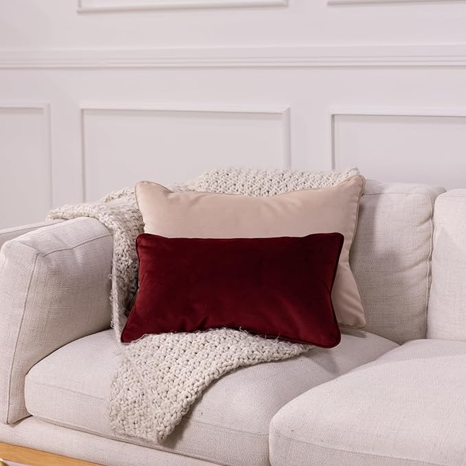 FDP 12" x 20" Velvet Rectangle Lumbar Pillow Set with Piping; Decorative Throw Pillow for Home Décor in Living Room, Bedroom or Lounge (2-Pack) - Bordeaux, 15159-349