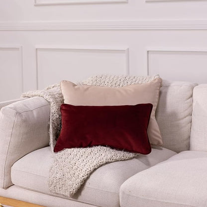 FDP 12" x 20" Velvet Rectangle Lumbar Pillow Set with Piping; Decorative Throw Pillow for Home Décor in Living Room, Bedroom or Lounge (2-Pack) - Bordeaux, 15159-349