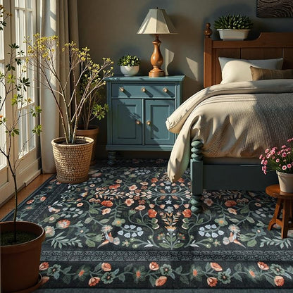 Lahome Black Floral Washable Area Rug 9x12, Extra Large Non Slip Stain Resistant Carpet for Living Room Dining Room, Low-Pile Soft Botanical Rug for Bedroom Office, Machine Washable Home Decor, Black