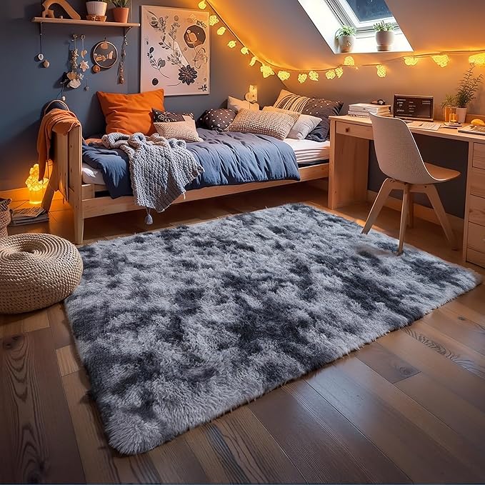 KICHOWUA Area Rug 5x7 Dark Grey Fluffy Shag for Bedroom, Extra Soft Plush Fuzzy Washable Thickened Non-Slip Carpet, Modern Furry Shaggy Rug for Living Room Kids Nursery Dorm Room, Tie-Dye Gray