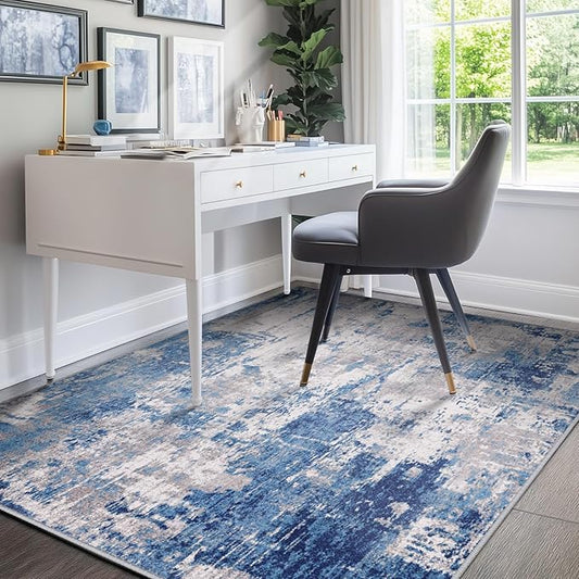 RELEANY Washable Area Rugs 4'x5' Non-Slip Modern Abstract Soft for Living Room Entryway Bedroom Nursery, Print Pattern, Blue Grey Navy Gray
