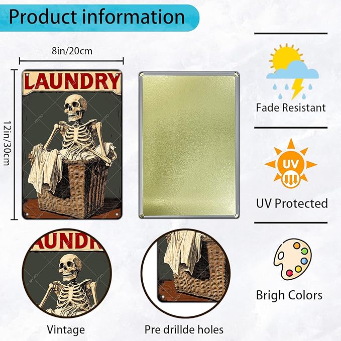 Skull Metal Tin Sign Laundry Vintage Tin decor for Cafes Bars Pubs Shop Wall Decorative Funny Retro Signs for Men Women 12x8 Inch