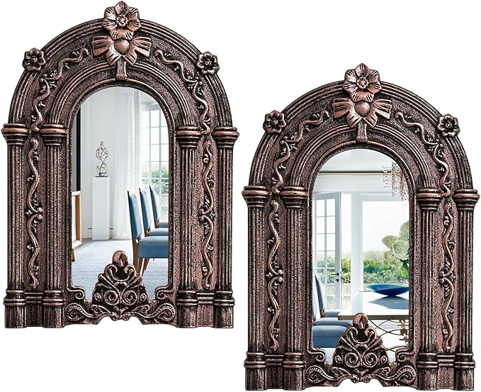 2 Set Wood Carved Window Mirrors 3D Relief Arched Wall Decor Roman Column Antique Home Accent Small Decorative Mirrors for Living Room, Bathroom, Entryway