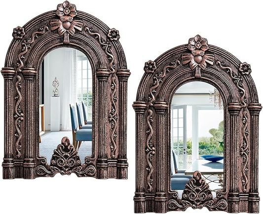 2 Set Wood Carved Window Mirrors 3D Relief Arched Wall Decor Roman Column Antique Home Accent Small Decorative Mirrors for Living Room, Bathroom, Entryway