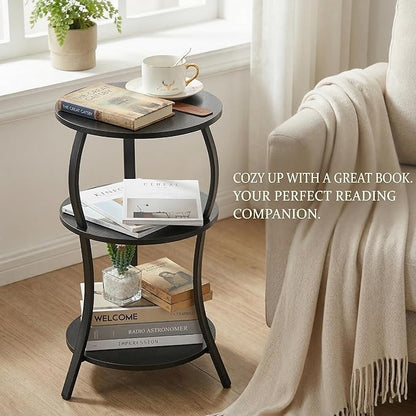 Vintage Small Round Side Table, 3-Tier Slim Waist Circular End Table with Storage Shelf, Compact Tea Sofa Side Table, Round Corner Coffee Table Nightstand for Living Room Bedroom Small Spaces,Black