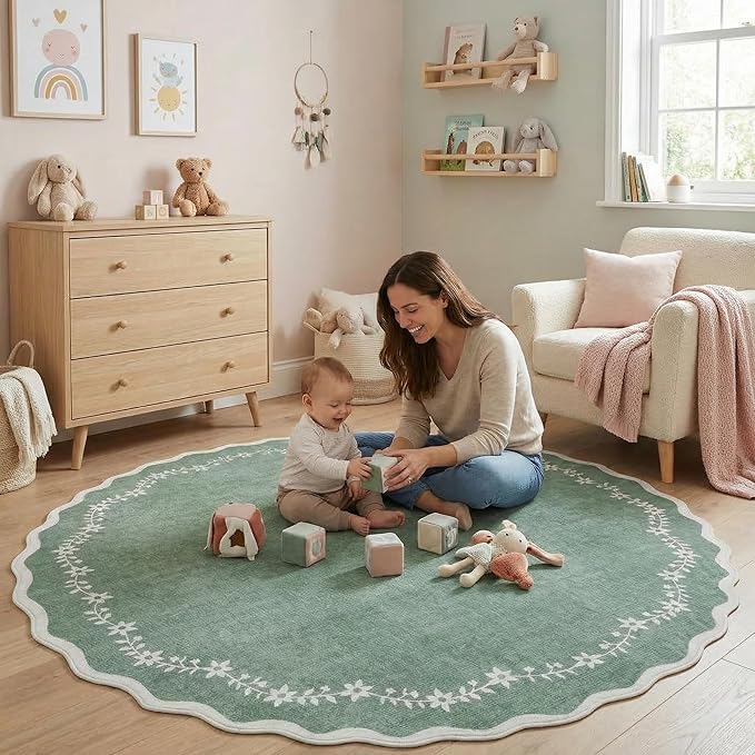 GarveeHome Scalloped Round Area Rugs 8ft for Living Room, Large Sage Green Washable Circle Rug Soft Non Slip Floral Print Floor Mat Carpet Indoor Thin Rug for Bedroom Dining Room Playroom Nursery