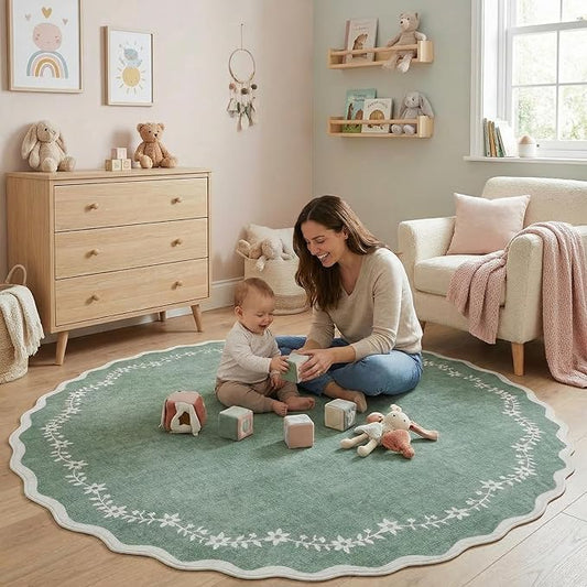 GarveeHome Round Area Rugs 5ft for Bedroom, Sage Green Washable Circle Rug Soft Non Slip Floral Print Floor Mat Carpet Indoor Thin Rug for Kids Room Dining Room Playroom Nursery