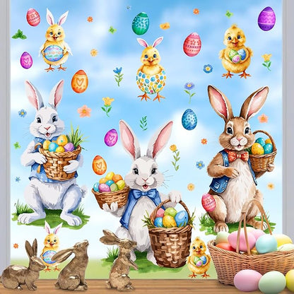 Easter Window Decoration Clings Bunny Decals for Glass Window Double-Side Vintage Bunny Decal Removable Easter Eggs Chick Rabbit Stickers for Living Room Kids Bedroom Nursery Spring Holiday Supplies