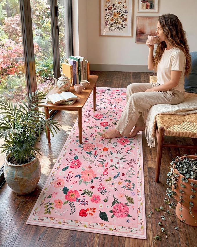Macgace Pink Floral Runner Rug, 2x8 Flowers Printed Washable Rugs with Non Slip Backing for Girls Bedroom Kitchen Hallway, Cute Carpet Runners Home Aesthetic Decor