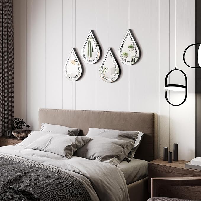 Yookeer 4 Pcs Silver Mirror Wall Decor Tear Drop Diamond Mirrors 11.8 x 6.7 Inches for Living Room Bedroom Bathroom Wall Decoration