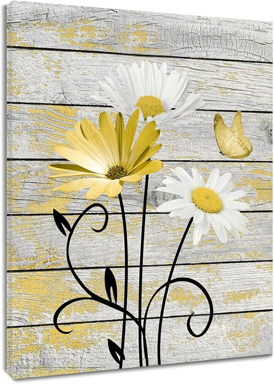 HVEST Vintage Floral Yellow Canvas Wall Art Daisy and Butterfly on Farmhouse Wooden Wall Decor for Bedroom, Country Wildflower Framed Wall Art for Living Room Office Dorm Home Decor,20L X 16W inches
