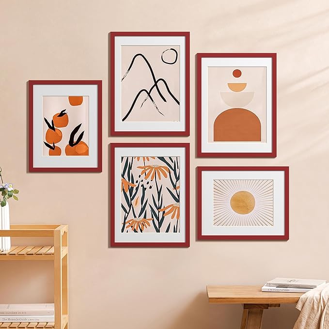eletecpro 11x14 Picture Frames Set of 5, Gallery Wall Frame Display 8x10 Photo with Mat or 11x14 without Mat, Picture Frame Collage Wall Decor for Wall Mounting, Red