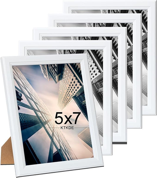 KTKDE 5x7 Picture Frame Set of 5,White Wooden frames, Vertical & Horizontal Wall Hanging for Wall or Tapletop Display,Studio Gallery Photo Frame for Photos, Posters & Art Prints