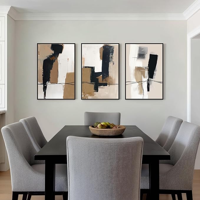 SAFERRYHOME Neutral Abstract Wall Art Tan and Black Framed Canvas Print Set, Mid-Century Modern Brown Minimalist Shapes for Living Room, Bedroom, Office - Ready to Hang - Set of 3, 16x24 Inch