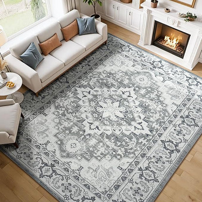 Lessymo 7 x 10 Area Rugs for Living Room- Machine Washable Area Rugs Boho Faux Wool Low Pile Area Rug for Bedroom, Floral Medallion Vintage Rugs with Non-Slip Rubber, Kid & Pet Friendly, Grey White