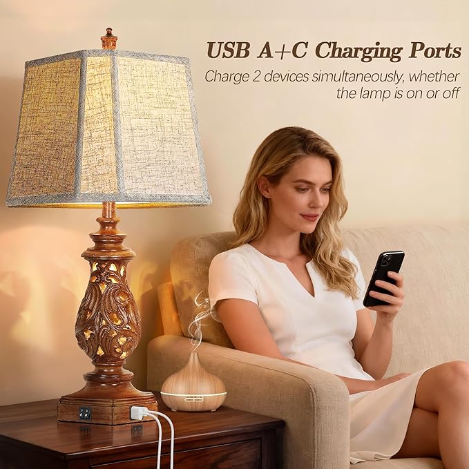 PARTPHONER 29" Table Lamps Set of 2, Bedside Lamps with USB A+C Ports & Night Light, Farmhouse Nightstand Lamps with Linen Fabric Shades for Bedroom Living Room, Wood Grain (LED Bulbs Included)