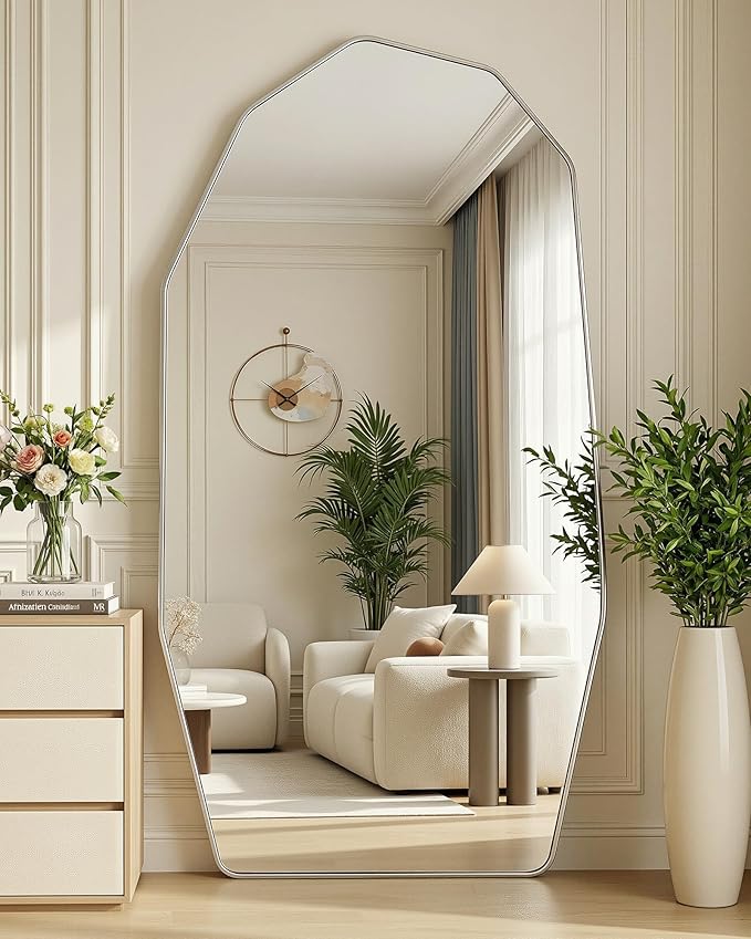 Antok Full Length Mirror, 76"x34" Floor Mirror, Free Standing Wall Mounted or Leaning Full Body Mirror with Aluminum Alloy Frame, Diamond Irregular for Bedroom Entryway Cloakroom, Silver