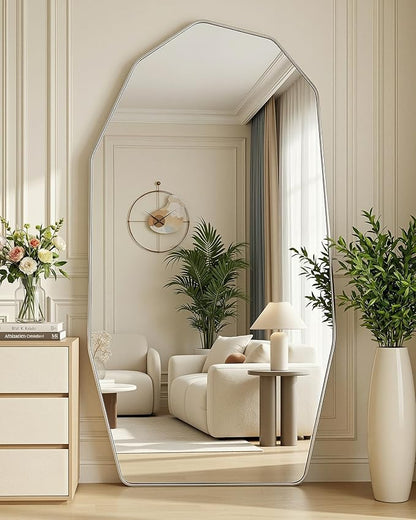Antok Full Length Mirror, 76"x34" Floor Mirror, Free Standing Wall Mounted or Leaning Full Body Mirror with Aluminum Alloy Frame, Diamond Irregular for Bedroom Entryway Cloakroom, Silver