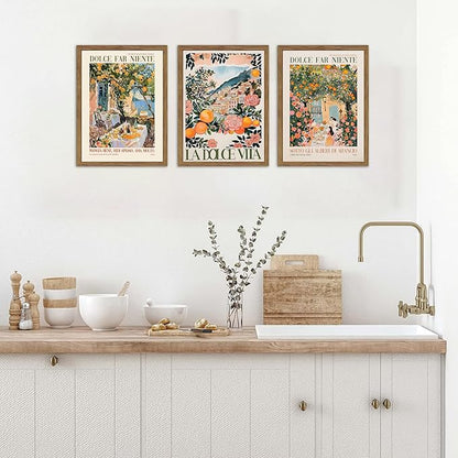 Framed Italian Scenery Wall Art Set of 3, Amalfi Coast Kitchen Wall Art, Vintage City Landscape Canvas Print, Trendy Italian Food Pictures Artwork for Living Room Dining Room – 16x24 inch