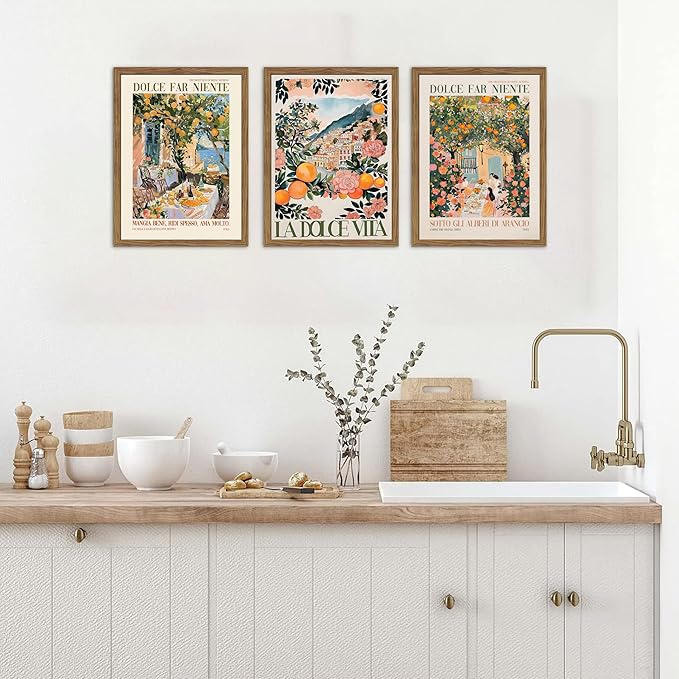 Framed Italian Scenery Wall Art Set of 3, Amalfi Coast Kitchen Wall Art, Vintage City Landscape Canvas Print, Trendy Italian Food Pictures Artwork for Living Room Dining Room – 12x16 inch