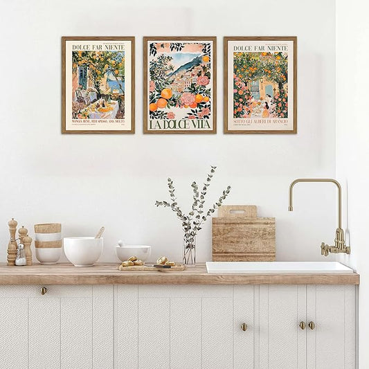 Framed Italian Scenery Wall Art Set of 3, Amalfi Coast Kitchen Wall Art, Vintage City Landscape Canvas Print, Trendy Italian Food Pictures Artwork for Living Room Dining Room – 12x16 inch