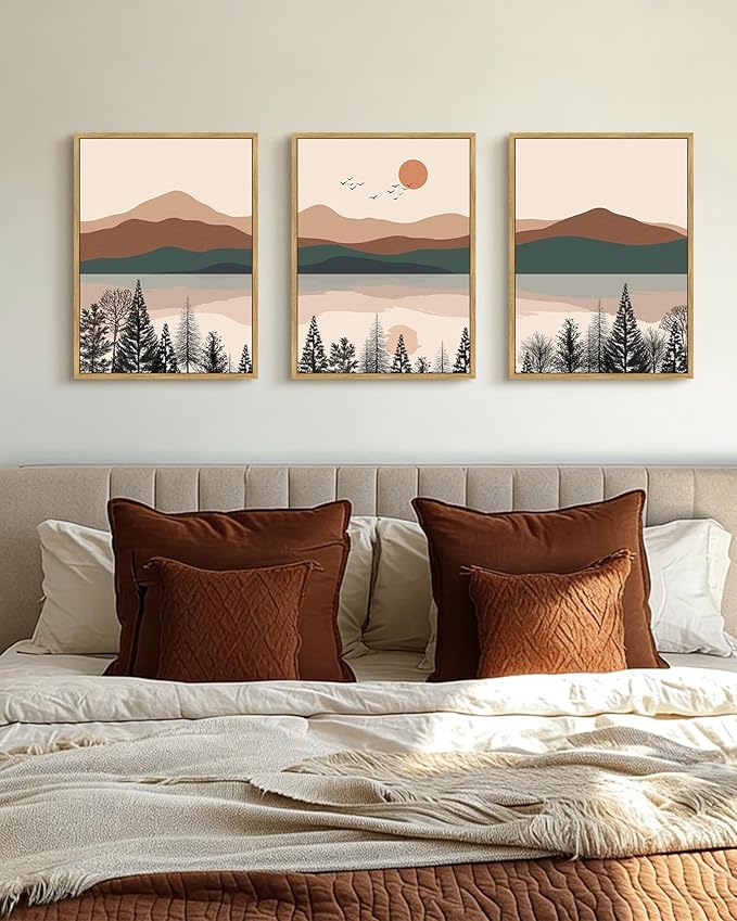 PHOPAGO Mountain Laker Landscape Framed Wall Art Boho Nature Artwork Paints Bohemain Farmhouse Rustic Living Room Bedroom Decor - 12x16in Natural Framed