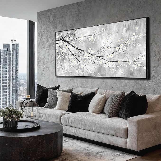 WINKAILIN White Black and Gold Plum Blossom Canvas Wall Art with Black Frame 24"x48" Floral Artwork Modern Botanical Wall Decor for Bedroom Living Room Office Kitchen