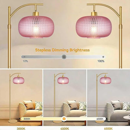 Glass Floor Lamp for Living Room, Modern Tall Standing Lamp with Pink Glass Lamp Shade, Dimmable Gold Tall Floor Lamp for Bedroom Office with Remote Control, 1 x 12W LED Bulbs Included