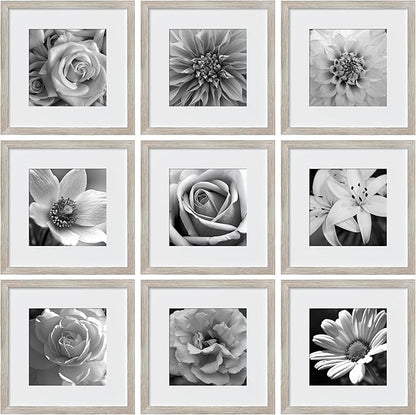 eletecpro 12x12 Picture Frames Set of 9 with Mat for 8x8 Photos or without Mat for 12x12, Square Gallery Wall Decor Collage for Picture Display, Beige Drift Wood Frame Set for Wall Hanging