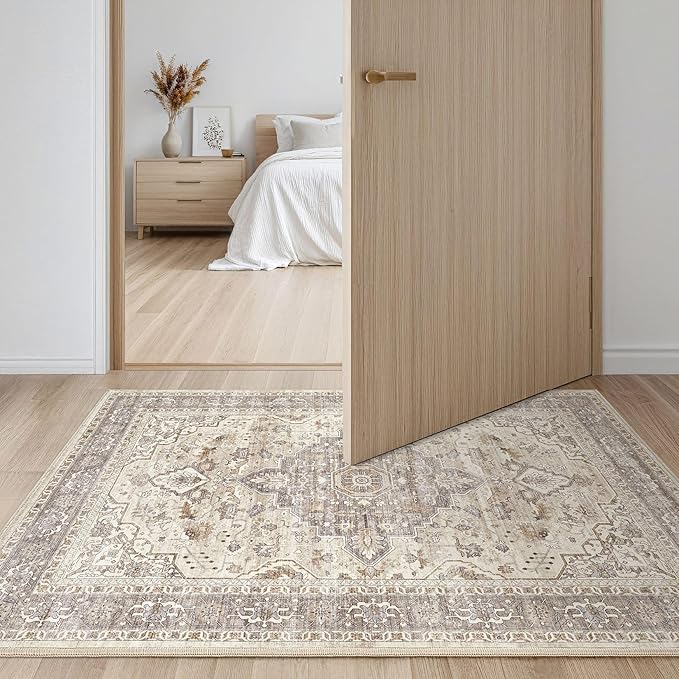 2x3 Rug Small Area Rugs: Washable Boho Neutral Vintage Soft Indoor Floor Oriental Carpet Farmhouse Floral Low Pile Non Slip Throw Carpet for Kitchen Entryway Bedroom Nursery Entry- Brown