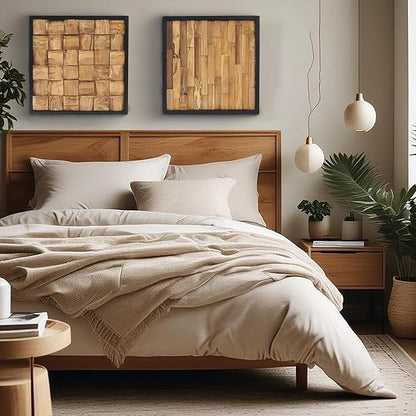 Greenage Teak Wood Wall Decor 16.9"x16.9" Farmhouse Slender Strip Pattern Rustic Natural Wood Wall Art Hanging Decoration Textured Wooden Frame Wall Panel for Home Living Room Bedroom