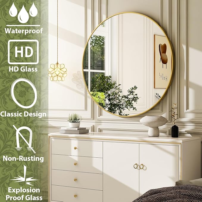 30 Inch Round Bathroom Mirror - Gold Wall Mounted Circle Mirror with Metal Frame, Modern Round Hanging Mirror Suitable for Bathroom, Vanity, Entryway, Living Room