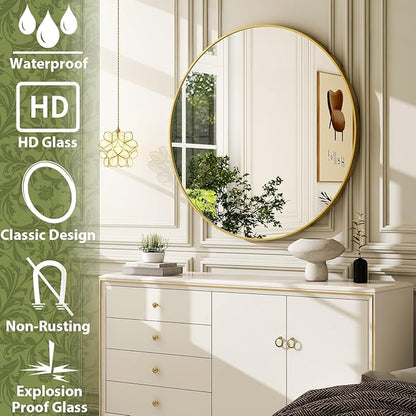30 Inch Round Bathroom Mirror - Gold Wall Mounted Circle Mirror with Metal Frame, Modern Round Hanging Mirror Suitable for Bathroom, Vanity, Entryway, Living Room