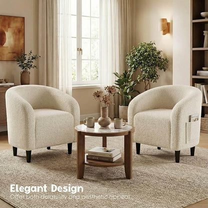 Modern Accent Barrel Chair, Comfy Teddy Fabric Club Armchair with Side Pocket, Easy Assembly Living Room Corner Chair for Bedroom, Office, Reception Space