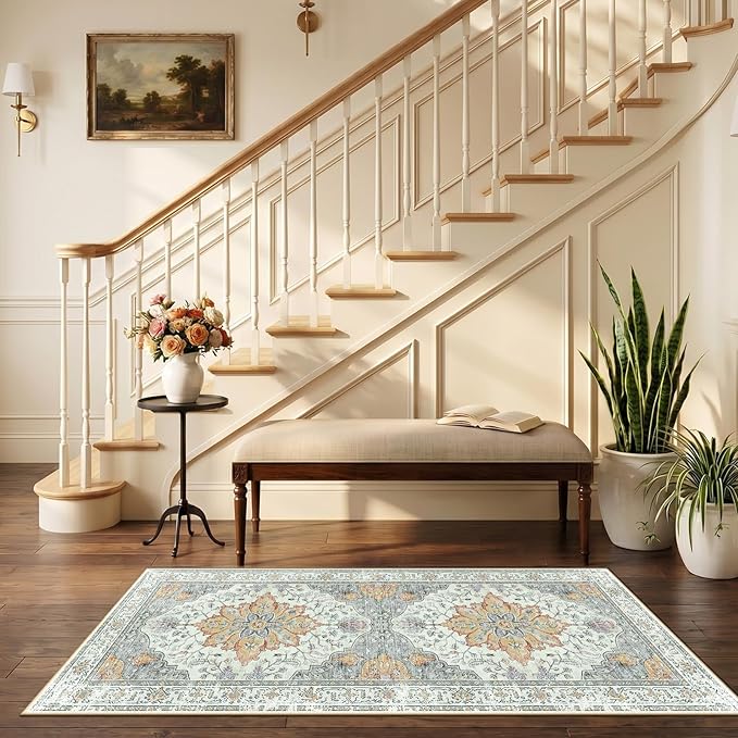 RELEANY Area Rugs 2'6"x5' Runner Rug Non Slip Washable for Kitchen Hallway Bedroom Beside Laundry Room Bathroom Rug, Floor Carpet, Light Yellow Carbon Grey Orange