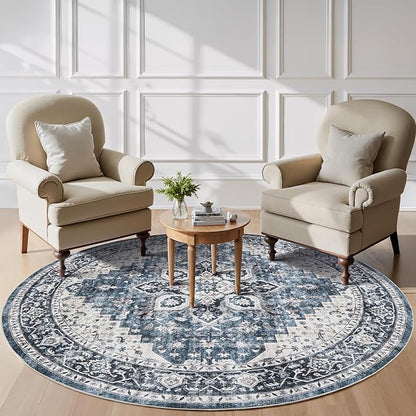 AMADA HOMEFURNISHING Round 6ft Area Rugs, Low-Profile Washable Rug with Non-Slip Backing & Durable Edge Binding, Vintage Rugs for Living Room, Bedroom, Dinning Room