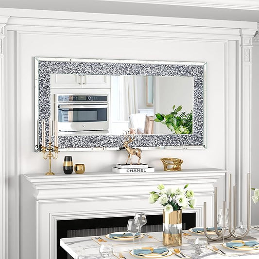 Crystal Crush Diamond Wall Mirror-47 x24 Silver Mirror, Gorgeous Rectangle Mirrors for Wall Bathroom, Bedroom, Dining Room and Living Room