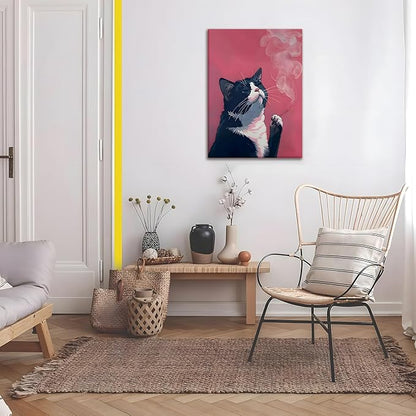 Framed Funny Black Cat Wall Art Canvas Print, pink Cool Cat Illustration Poster Wall Decor, Quirky Modern Cat Artwork for Living Room Bedroom Bathroom Kitchen Decor 12x16 Inch