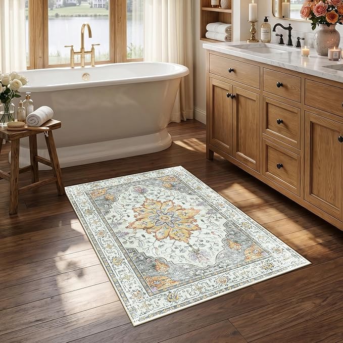 RELEANY Area Rugs 2'6"x4' Kitchen Rugs Entry Rug Small Rugs for Entryway Kitchen Bathroom Door Mat Indoor Entrance,Washable Non Slip, Light Yellow Carbon Grey Orange