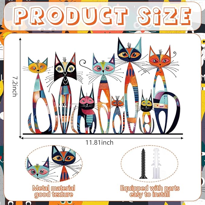 Wesiti Cat Wall Art Decor Iron Wall Sculptures Decor for Cats Lover 10.6 x 15.7 Inches Colorful Retro Mid Century Cat Signs for Home Living Room Bedroom Kitchen Office(Fairy)