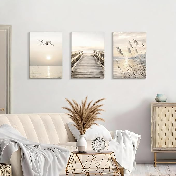 WENGTIAO 3Pcs Seascape Wall Art Beige Reeds Sunset Canvas Paintings Ocean Beach Scenic Prints Pictures Rustic Bridge Boardwalk Wall Decor Seagulls Artwork Posters for Living Room Bedroom 16”x24”x3