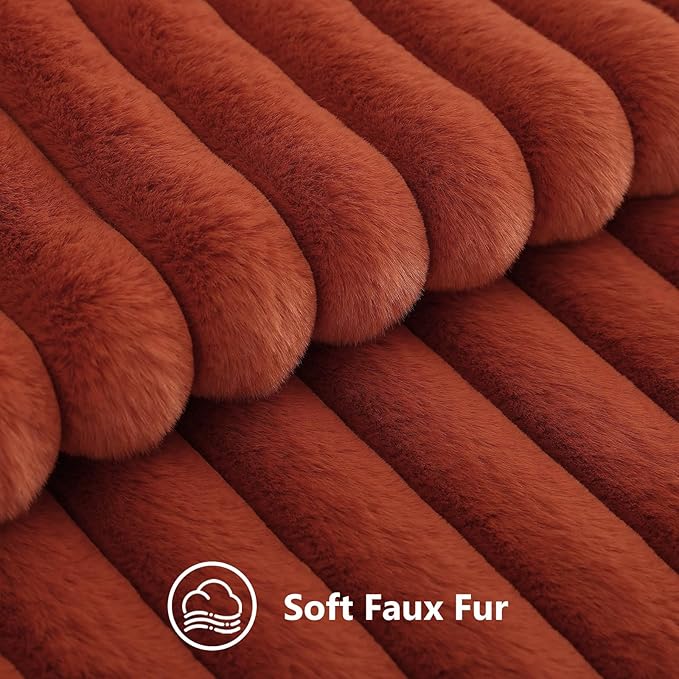decorUhome Cozy Faux Fur Throw Pillow Covers 18x18 Set of 2 Decorative Soft Plush Striped Modern Farmhouse Boho Couch Pillow Cases with Velvet Back for Sofa Bed Living Room, Rust