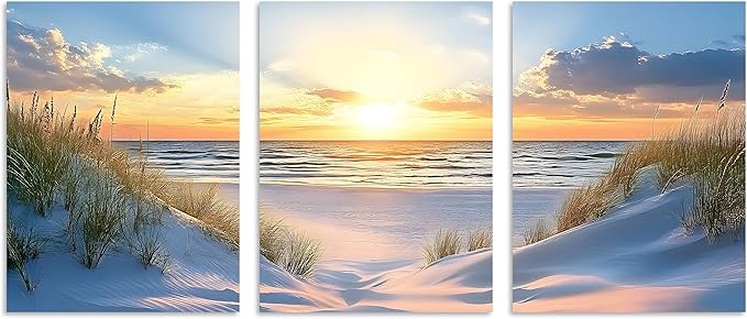 TutuBeer 3 Pcs Beach Pictures Ocean Pictures Wall Decor White Beach with Dunes and Grass Picture Print on Canvas Ocean Seascape Paintings Canvas Art Prints Wall Decor Ready to Hang 16" x 32" x 3