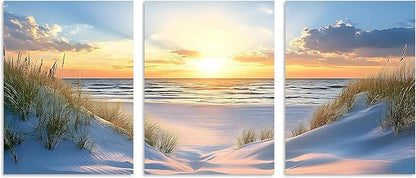 TutuBeer 3 Pcs Beach Pictures Ocean Pictures Wall Decor White Beach with Dunes and Grass Picture Print on Canvas Ocean Seascape Paintings Canvas Art Prints Wall Decor Ready to Hang 12" x 16" x 3