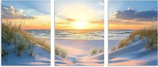 TutuBeer 3 Pcs Beach Pictures Ocean Pictures Wall Decor White Beach with Dunes and Grass Picture Print on Canvas Ocean Seascape Paintings Canvas Art Prints Wall Decor Ready to Hang 12" x 16" x 3