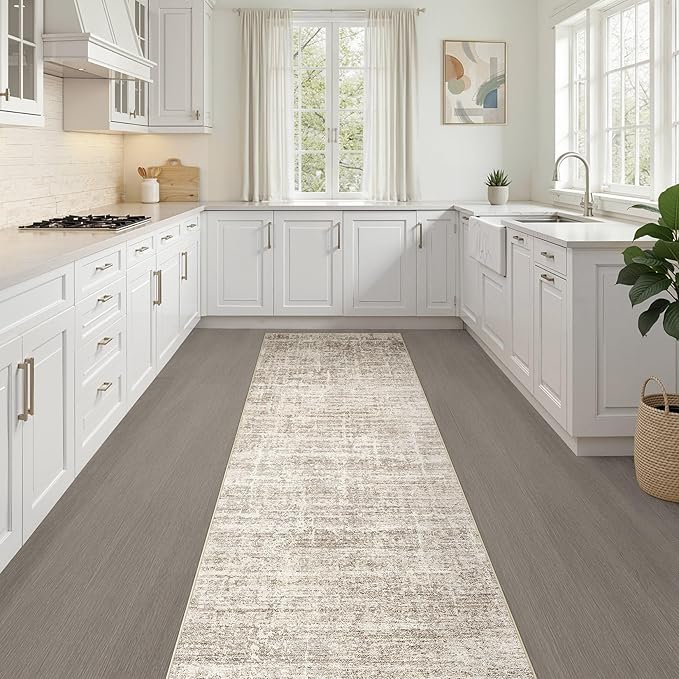 Runner Rug Non-Slip Kitchen Rug: 2x6 Washable Abstract Modern Soft Stain Resistant Indoor Floor Neutral Accent Throw Carpet for Hallway Bathroom Laundry Room Bedroom Entryway- Brown