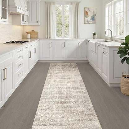 Runner Rug Non-Slip Kitchen Rug: 3x10 Washable Abstract Modern Soft Stain Resistant Indoor Floor Neutral Accent Throw Carpet for Hallway Bathroom Laundry Room Bedroom Entryway- Brown
