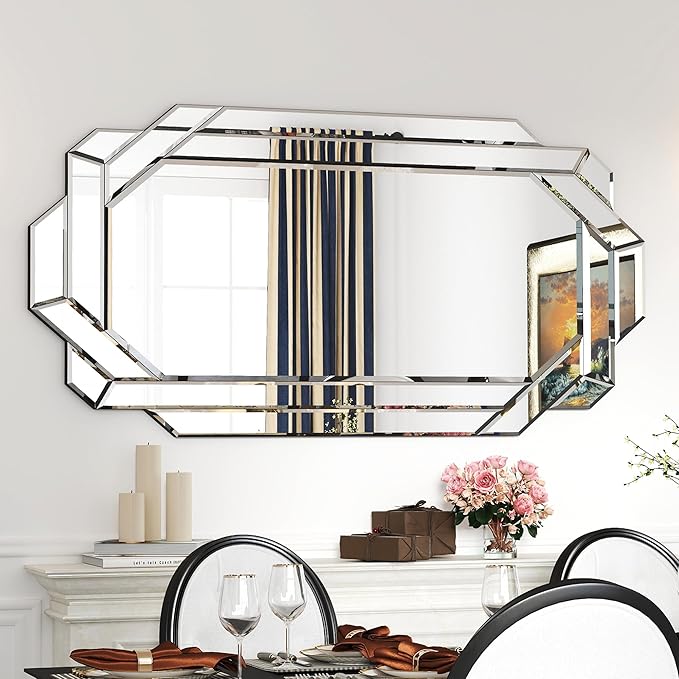 Chende 24" x 47" Large Wall Mirror for Decor, Octagonal Decorative Mirror with Beveled Edge and Glass Pieces, Large Accent Mirror for Living Room, Bedroom, Dining Room, Hallway