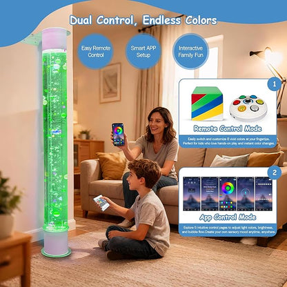 6FT Floating Balls & Colorful Beads Bubble Tube – Color-Changing LED with Remote & App, Works with Multiple Wireless Controllers, Sensory Night Light with Wall Bracket for Home & Therapy Rooms