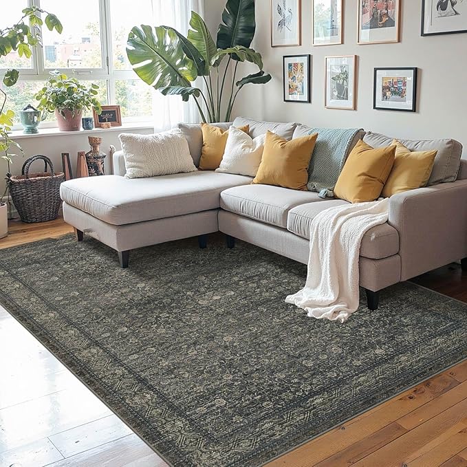 Rugxara Washable Area Rug for Living Room, Vintage Boho Rugs for Office, Dining Room, Kids Room, Farmhouse, Durable Low Pile Non Slip Carpet for High Traffic Areas, Moss Brown(4x6 ft)